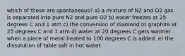 which of these are spontaneous? a) a mixture of N2 and O2 gas is separated into pure N2 and pure O2 b) water freezes at 25 degrees C and 1 atm c) the conversion of diamond to graphite at 25 degrees C and 1 atm d) water at 20 degrees C gets warmer when a piece of metal heated to 100 degrees C is added. e) the dissolution of table salt in hot water.