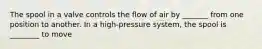 The spool in a valve controls the flow of air by _______ from one position to another. In a high-pressure system, the spool is ________ to move