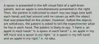 A spoon is presented in the left visual field of a split-brain patient, and an apple is simultaneously presented in the right. Then, the patient is instructed to reach into two bags (one with each hand) and feel around until he comes up with the object that was presented on the screen. However, before the objects are withdrawn, the patient is asked to tell the experimenter what he has in each hand. The patient is likely to say, "I have a. an apple in each hand." b. a spoon in each hand." c. an apple in my left hand and a spoon in my right." d. a spoon in my left hand and an apple in my right." e. no idea.