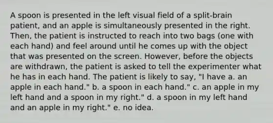 A spoon is presented in the left visual field of a split-brain patient, and an apple is simultaneously presented in the right. Then, the patient is instructed to reach into two bags (one with each hand) and feel around until he comes up with the object that was presented on the screen. However, before the objects are withdrawn, the patient is asked to tell the experimenter what he has in each hand. The patient is likely to say, "I have a. an apple in each hand." b. a spoon in each hand." c. an apple in my left hand and a spoon in my right." d. a spoon in my left hand and an apple in my right." e. no idea.