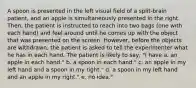 A spoon is presented in the left visual field of a split-brain patient, and an apple is simultaneously presented in the right. Then, the patient is instructed to reach into two bags (one with each hand) and feel around until he comes up with the object that was presented on the screen. However, before the objects are withdrawn, the patient is asked to tell the experimenter what he has in each hand. The patient is likely to say, "I have a. an apple in each hand." b. a spoon in each hand." c. an apple in my left hand and a spoon in my right." d. a spoon in my left hand and an apple in my right." e. no idea."