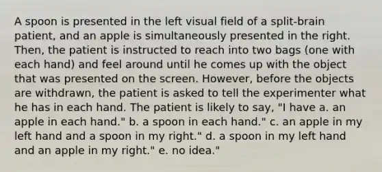 A spoon is presented in the left visual field of a split-brain patient, and an apple is simultaneously presented in the right. Then, the patient is instructed to reach into two bags (one with each hand) and feel around until he comes up with the object that was presented on the screen. However, before the objects are withdrawn, the patient is asked to tell the experimenter what he has in each hand. The patient is likely to say, "I have a. an apple in each hand." b. a spoon in each hand." c. an apple in my left hand and a spoon in my right." d. a spoon in my left hand and an apple in my right." e. no idea."