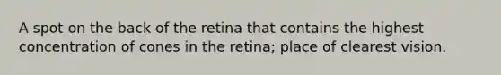 A spot on the back of the retina that contains the highest concentration of cones in the retina; place of clearest vision.