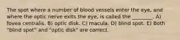 The spot where a number of blood vessels enter the eye, and where the optic nerve exits the eye, is called the ________. A) fovea centralis. B) optic disk. C) macula. D) blind spot. E) Both "blind spot" and "optic disk" are correct.