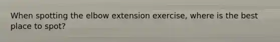 When spotting the elbow extension exercise, where is the best place to spot?