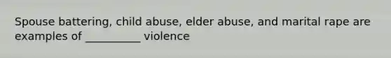 Spouse battering, child abuse, elder abuse, and marital rape are examples of __________ violence