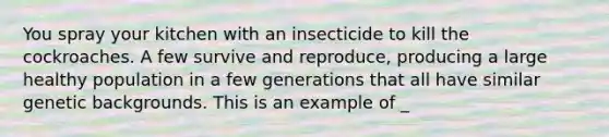 You spray your kitchen with an insecticide to kill the cockroaches. A few survive and reproduce, producing a large healthy population in a few generations that all have similar genetic backgrounds. This is an example of _