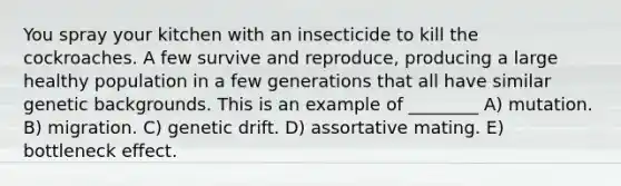 You spray your kitchen with an insecticide to kill the cockroaches. A few survive and reproduce, producing a large healthy population in a few generations that all have similar genetic backgrounds. This is an example of ________ A) mutation. B) migration. C) genetic drift. D) assortative mating. E) bottleneck effect.