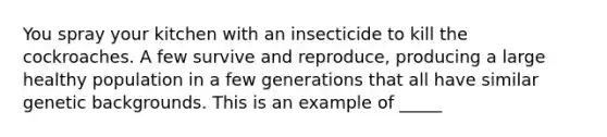 You spray your kitchen with an insecticide to kill the cockroaches. A few survive and reproduce, producing a large healthy population in a few generations that all have similar genetic backgrounds. This is an example of _____