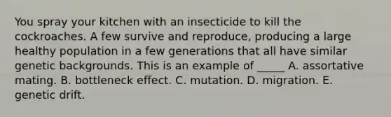 You spray your kitchen with an insecticide to kill the cockroaches. A few survive and reproduce, producing a large healthy population in a few generations that all have similar genetic backgrounds. This is an example of _____ A. assortative mating. B. bottleneck effect. C. mutation. D. migration. E. genetic drift.