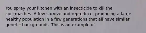 You spray your kitchen with an insecticide to kill the cockroaches. A few survive and reproduce, producing a large healthy population in a few generations that all have similar genetic backgrounds. This is an example of