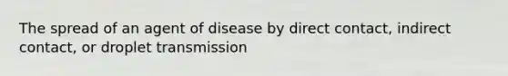 The spread of an agent of disease by direct contact, indirect contact, or droplet transmission