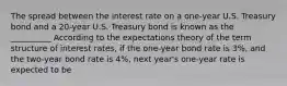 The spread between the interest rate on a​ one-year U.S. Treasury bond and a​ 20-year U.S. Treasury bond is known as the __________ According to the expectations theory of the term structure of interest​ rates, if the​ one-year bond rate is 3​%, and the​ two-year bond rate is 4​%, next​ year's one-year rate is expected to be