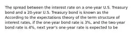 The spread between the interest rate on a​ one-year U.S. Treasury bond and a​ 20-year U.S. Treasury bond is known as the According to the expectations theory of the term structure of interest​ rates, if the​ one-year bond rate is 3​%, and the​ two-year bond rate is 4​%, next​ year's one-year rate is expected to be