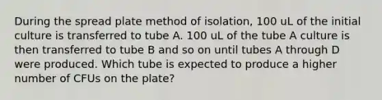 During the spread plate method of isolation, 100 uL of the initial culture is transferred to tube A. 100 uL of the tube A culture is then transferred to tube B and so on until tubes A through D were produced. Which tube is expected to produce a higher number of CFUs on the plate?