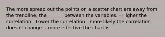 The more spread out the points on a scatter chart are away from the trendline, the_______ between the variables. - Higher the correlation - Lower the correlation - more likely the correlation doesn't change. - more effective the chart is