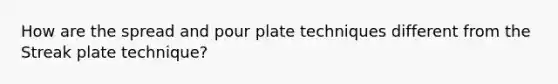 How are the spread and pour plate techniques different from the Streak plate technique?