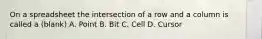 On a spreadsheet the intersection of a row and a column is called a (blank) A. Point B. Bit C. Cell D. Cursor