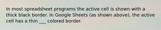 In most spreadsheet programs the active cell is shown with a thick black border. In Google Sheets (as shown above), the active cell has a thin ___ colored border.