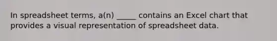 In spreadsheet terms, a(n) _____ contains an Excel chart that provides a visual representation of spreadsheet data.