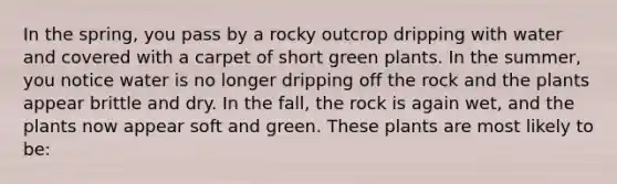 In the spring, you pass by a rocky outcrop dripping with water and covered with a carpet of short green plants. In the summer, you notice water is no longer dripping off the rock and the plants appear brittle and dry. In the fall, the rock is again wet, and the plants now appear soft and green. These plants are most likely to be: