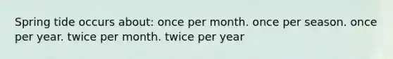 Spring tide occurs about: once per month. once per season. once per year. twice per month. twice per year