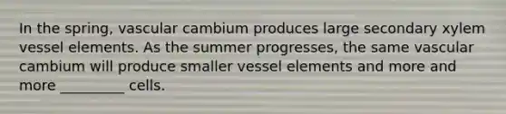 In the spring, vascular cambium produces large secondary xylem vessel elements. As the summer progresses, the same vascular cambium will produce smaller vessel elements and more and more _________ cells.