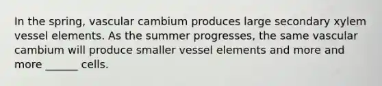 In the spring, vascular cambium produces large secondary xylem vessel elements. As the summer progresses, the same vascular cambium will produce smaller vessel elements and more and more ______ cells.