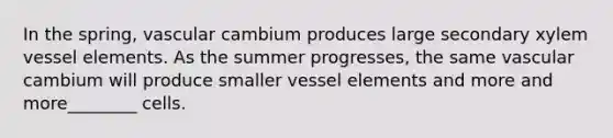 In the spring, vascular cambium produces large secondary xylem vessel elements. As the summer progresses, the same vascular cambium will produce smaller vessel elements and more and more________ cells.