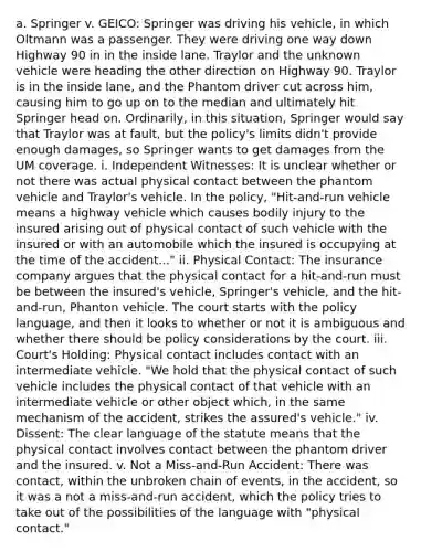 a. Springer v. GEICO: Springer was driving his vehicle, in which Oltmann was a passenger. They were driving one way down Highway 90 in in the inside lane. Traylor and the unknown vehicle were heading the other direction on Highway 90. Traylor is in the inside lane, and the Phantom driver cut across him, causing him to go up on to the median and ultimately hit Springer head on. Ordinarily, in this situation, Springer would say that Traylor was at fault, but the policy's limits didn't provide enough damages, so Springer wants to get damages from the UM coverage. i. Independent Witnesses: It is unclear whether or not there was actual physical contact between the phantom vehicle and Traylor's vehicle. In the policy, "Hit-and-run vehicle means a highway vehicle which causes bodily injury to the insured arising out of physical contact of such vehicle with the insured or with an automobile which the insured is occupying at the time of the accident..." ii. Physical Contact: The insurance company argues that the physical contact for a hit-and-run must be between the insured's vehicle, Springer's vehicle, and the hit-and-run, Phanton vehicle. The court starts with the policy language, and then it looks to whether or not it is ambiguous and whether there should be policy considerations by the court. iii. Court's Holding: Physical contact includes contact with an intermediate vehicle. "We hold that the physical contact of such vehicle includes the physical contact of that vehicle with an intermediate vehicle or other object which, in the same mechanism of the accident, strikes the assured's vehicle." iv. Dissent: The clear language of the statute means that the physical contact involves contact between the phantom driver and the insured. v. Not a Miss-and-Run Accident: There was contact, within the unbroken chain of events, in the accident, so it was a not a miss-and-run accident, which the policy tries to take out of the possibilities of the language with "physical contact."