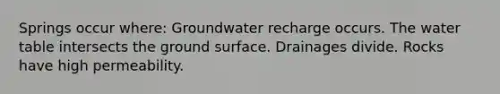 Springs occur where: Groundwater recharge occurs. The water table intersects the ground surface. Drainages divide. Rocks have high permeability.