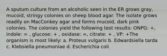 A sputum culture from an alcoholic seen in the ER grows gray, mucoid, stringy colonies on sheep blood agar. The isolate grows readily on MacConkey agar and forms mucoid, dark pink colonies. The colonies yield the following test results: ONPG: +, indole: = , glucose: + , oxidase: =, citrate: + , VP: +The organism is most likely: a. Proteus vulgaris b. Edwardsiella tarda c. Klebsiella pneumoniae d. Escherichia coli