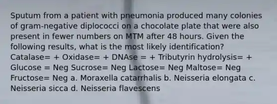 Sputum from a patient with pneumonia produced many colonies of gram-negative diplococci on a chocolate plate that were also present in fewer numbers on MTM after 48 hours. Given the following results, what is the most likely identification? Catalase= + Oxidase= + DNAse = + Tributyrin hydrolysis= + Glucose = Neg Sucrose= Neg Lactose= Neg Maltose= Neg Fructose= Neg a. Moraxella catarrhalis b. Neisseria elongata c. Neisseria sicca d. Neisseria flavescens