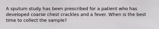 A sputum study has been prescribed for a patient who has developed coarse chest crackles and a fever. When is the best time to collect the sample?