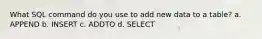 What SQL command do you use to add new data to a table? a. APPEND b. INSERT c. ADDTO d. SELECT