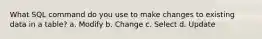 What SQL command do you use to make changes to existing data in a table? a. Modify b. Change c. Select d. Update