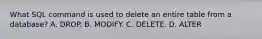 What SQL command is used to delete an entire table from a database? A. DROP. B. MODIFY. C. DELETE. D. ALTER