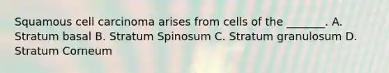 Squamous cell carcinoma arises from cells of the _______. A. Stratum basal B. Stratum Spinosum C. Stratum granulosum D. Stratum Corneum