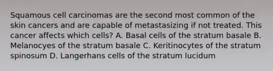 Squamous cell carcinomas are the second most common of the skin cancers and are capable of metastasizing if not treated. This cancer affects which cells? A. Basal cells of the stratum basale B. Melanocyes of the stratum basale C. Keritinocytes of the stratum spinosum D. Langerhans cells of the stratum lucidum