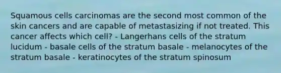 Squamous cells carcinomas are the second most common of the skin cancers and are capable of metastasizing if not treated. This cancer affects which cell? - Langerhans cells of the stratum lucidum - basale cells of the stratum basale - melanocytes of the stratum basale - keratinocytes of the stratum spinosum