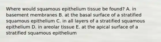 Where would squamous epithelium tissue be found? A. in basement membranes B. at the basal surface of a stratified squamous epithelium C. in all layers of a stratified squamous epithelium D. in areolar tissue E. at the apical surface of a stratified squamous epithelium