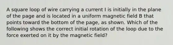 A square loop of wire carrying a current I is initially in the plane of the page and is located in a uniform magnetic field B that points toward the bottom of the page, as shown. Which of the following shows the correct initial rotation of the loop due to the force exerted on it by the magnetic field?