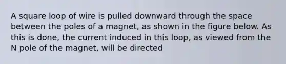 A square loop of wire is pulled downward through the space between the poles of a magnet, as shown in the figure below. As this is done, the current induced in this loop, as viewed from the N pole of the magnet, will be directed