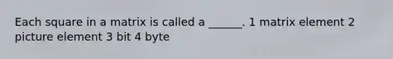 Each square in a matrix is called a ______. 1 matrix element 2 picture element 3 bit 4 byte