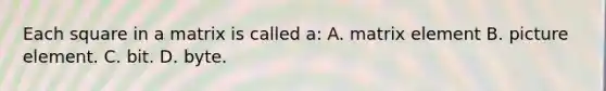 Each square in a matrix is called a: A. matrix element B. picture element. C. bit. D. byte.