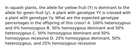 In squash plants, the allele for yellow fruit (Y) is dominant to the allele for green fruit (y). A plant with genotype YY is crossed with a plant with genotype Yy. What are the expected genotype percentages in the offspring of this cross? A. 100% heterozygous and 0% homozygous B. 50% homozygous dominant and 50% heterozygous C. 50% homozygous dominant and 50% homozygous recessive D. 25% homozygous dominant, 50% heterozygous, and 25% homozygous recessive