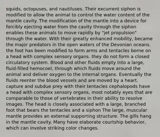 squids, octopuses, and nautiluses. Their excurrent siphon is modified to allow the animal to control the water content of the mantle cavity. The modification of the mantle into a device for forcibly ejecting water from the cavity through the siphon enables these animals to move rapidly by "jet propulsion" through the water. With their greatly enhanced mobility, became the major predators in the open waters of the Devonian oceans. the foot has been modified to form arms and tentacles borne on a head with complex sensory organs. they do not form a closed circulatory system. Blood and other fluids empty into a large, fluid-filled hemocoel, through which fluids move around the animal and deliver oxygen to the internal organs. Eventually the fluids reenter the blood vessels and are moved by a heart. capture and subdue prey with their tentacles cephalopods have a head with complex sensory organs, most notably eyes that are comparable to those of vertebrates in their ability to resolve images. The head is closely associated with a large, branched foot that bears the tentacles and a siphon The large, muscular mantle provides an external supporting structure. The gills hang in the mantle cavity. Many have elaborate courtship behavior, which can involve striking color changes.