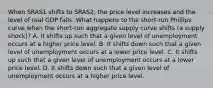 When SRAS1 shifts to SRAS2​, the price level increases and the level of real GDP falls. What happens to the​ short-run Phillips curve when the​ short-run aggregate supply curve shifts​ (a supply​ shock)? A. It shifts up such that a given level of unemployment occurs at a higher price level. B. It shifts down such that a given level of unemployment occurs at a lower price level. C. It shifts up such that a given level of unemployment occurs at a lower price level. D. It shifts down such that a given level of unemployment occurs at a higher price level.