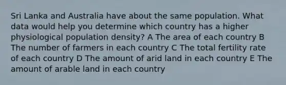 Sri Lanka and Australia have about the same population. What data would help you determine which country has a higher physiological population density? A The area of each country B The number of farmers in each country C The total fertility rate of each country D The amount of arid land in each country E The amount of arable land in each country