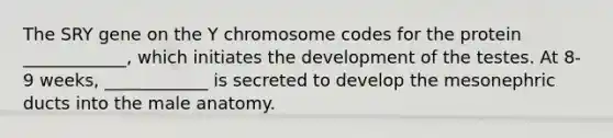 The SRY gene on the Y chromosome codes for the protein ____________, which initiates the development of the testes. At 8-9 weeks, ____________ is secreted to develop the mesonephric ducts into the male anatomy.